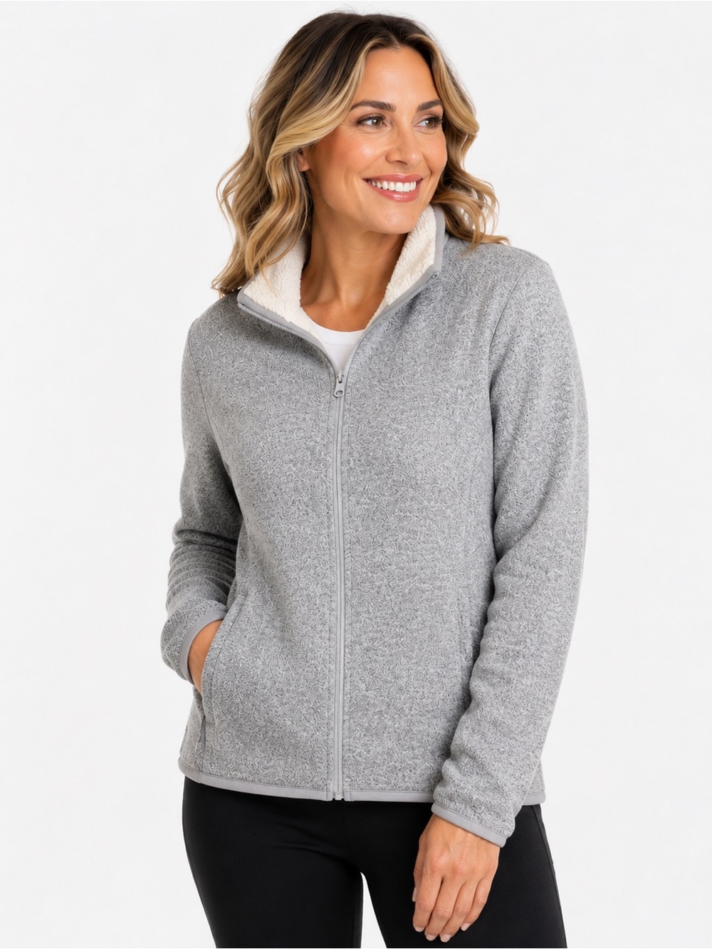 SWISS TECH Womens Zip Up Sweater Ivory Fleece Lined  Gray Jacket Size XL